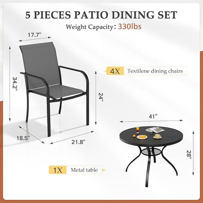 SUNCROWN 5 - Piece Outdoor Dining Set, Patio Furniture Set with 4 x Textilene Dinning Chairs and 41" Metal Round Table with Umbrella Hole for Lawn Garden Backyard Deck, Grey