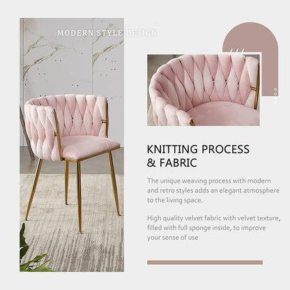Velvet Dining Chairs Set of 2, Gold Modern Dining Chair with Metal Legs, Woven Upholstered Dining Chairs for Dining Room, Kitchen, Vanity, Living Room (Pink)