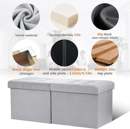 AmasSmile® Storage Ottoman Foot Rest Stool, 34 inch Velvet Footstool Bench, Short Ottoman Stool, Small Folding Storage Ottoman Store Books, Records, Grey