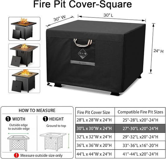 QH.HOME Fire Pit Cover Square Heavy Duty Fabric 100% Waterproof, Fits Outdoor for 29”,30 inch Fire Pit/Table Cover,Gas Fire Pit Cover (30”L x 30”W x 24”H,Black)