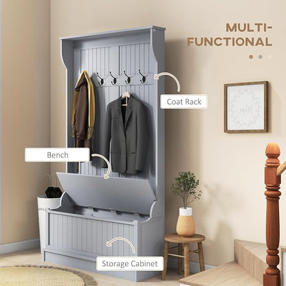 HOMCOM Hall Tree With Bench and Shoe Storage 3-In-1 Entryway Bench Gray | Coat Rack, 5 Hooks, Flip Top Storage Compartment