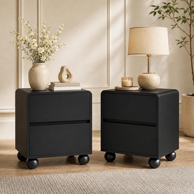 Furniway Black Nightstand Set of 2, Modern 2 Drawer Bedside Table with Curved Profile Design and Handle-Free Drawers, Modern End Table with Storage for Bedroom