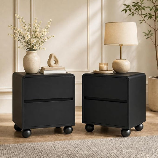 Furniway Black Nightstand Set of 2, Modern 2 Drawer Bedside Table with Curved Profile Design and Handle-Free Drawers, Modern End Table with Storage for Bedroom