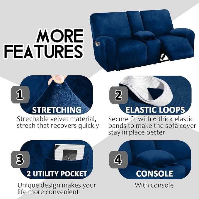 ULTICOR Reclining Love Seat with Middle Console Slipcover, 8-Piece Velvet Stretch Loveseat Reclining Sofa Covers, 2 seat Loveseat Recliner Cover, Thick, Soft, Washable, Loveseat Slipcovers (Navy)
