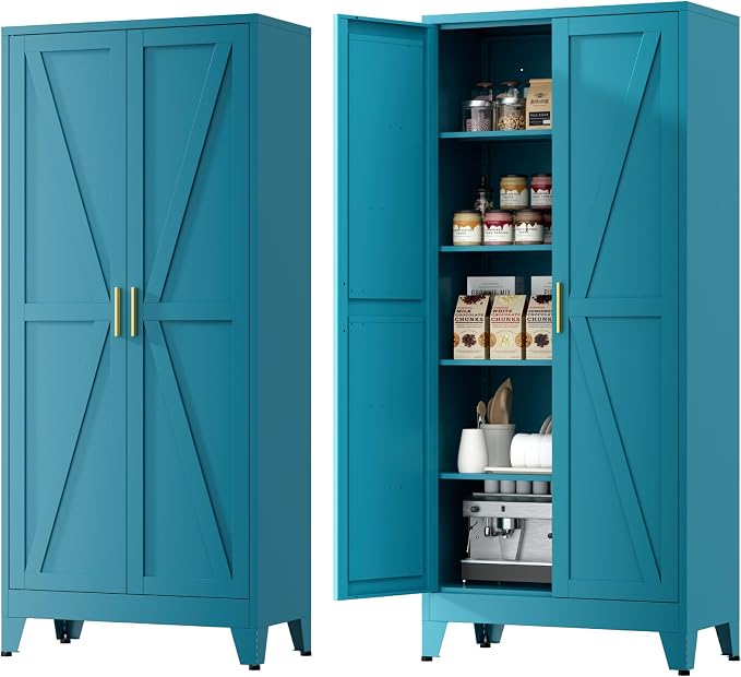 Farmhouse Pantry Cabinet with Barn Doors, 71" H x 31.5" W, 5-Tier Metal Storage Cabinet with 4 Adjustable Shelves for Kitchen Garage Dining Room,Blue 1 Pack
