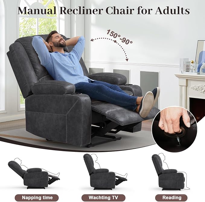 Yolsali Recliner Chairs for Adults, Oversize Manual Reclining Chair with 2-Tier Cushions, Dutch Velvet Recliner Chair with Hidden Storage Space, Living Room Recliner Chairs with Cup Holders - Grey