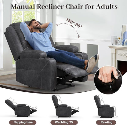 Yolsali Recliner Chairs for Adults, Oversize Manual Reclining Chair with 2-Tier Cushions, Dutch Velvet Recliner Chair with Hidden Storage Space, Living Room Recliner Chairs with Cup Holders - Grey