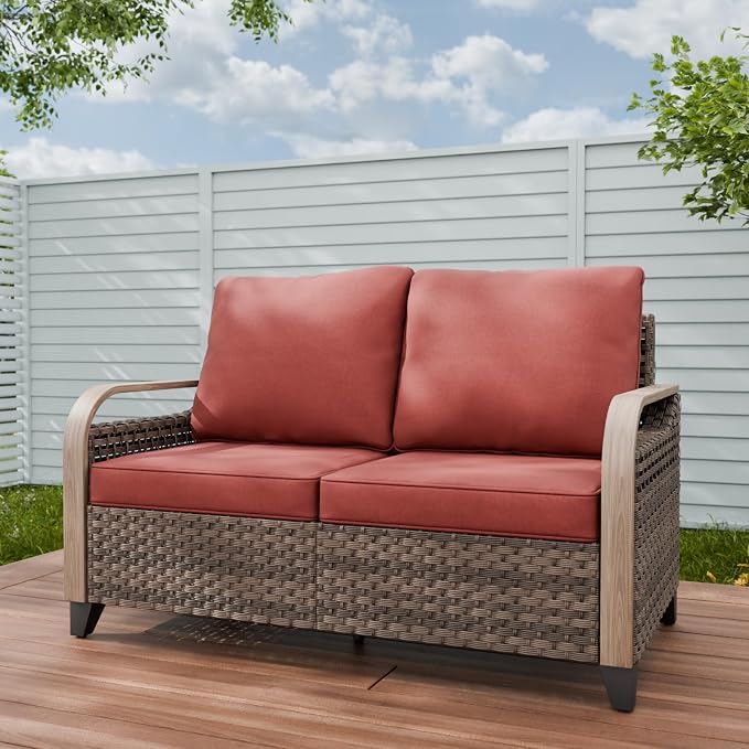 Modern Wicker Patio Sofa, Rattan Outdoor Loveseat for Small Balcony, 2 Seat Loveseat Furniture Set for Garden Deck Backyard, Brown/Red