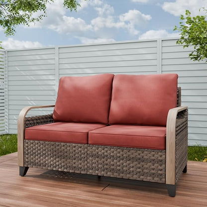 Modern Wicker Patio Sofa, Rattan Outdoor Loveseat for Small Balcony, 2 Seat Loveseat Furniture Set for Garden Deck Backyard, Brown/Red