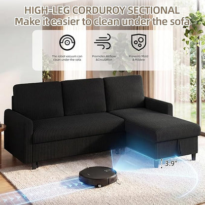 JAMFLY 77" Pull Out Sleeper Sofa Bed with Storage Chaise, L-Shaped Corduroy Sectional Couch, 3-Seater Convertible Sofa Bed for Small Space, Apartment & Guest Room, Pet-Friendly & Easy Assembly, Black
