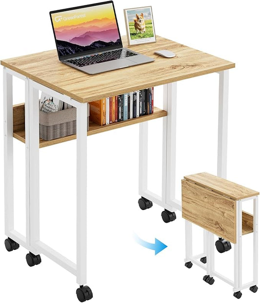 GreenForest Folding Desk with Wheels, 31.5 Inch Compact Rolling Computer Table with Storage Shelf, Portable Mobile Workstation for Small Spaces, Easy Assembly, Oak