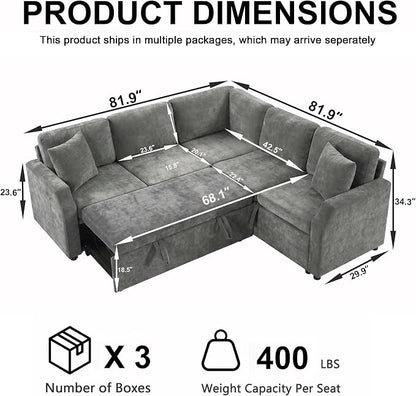 ROCANT 82 inch Modular Sectional Couch with Pull Out Bed, 5-Seat L-Shaped Chenille Sleeper Sofa with Reversible Chaise and 2 Pillows, Grey