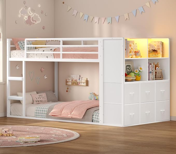 BTHFST Bunk Bed Twin Over Twin with 6 Large Fabric Drawers & 4 Wooden Storage Bookshelf Organizer, Metal Low Bunk Bed for Kids with LED Lights & Safety Ladder and Guardrail, Space Saving