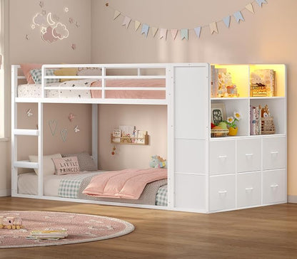 BTHFST Bunk Bed Twin Over Twin with 6 Large Fabric Drawers & 4 Wooden Storage Bookshelf Organizer, Metal Low Bunk Bed for Kids with LED Lights & Safety Ladder and Guardrail, Space Saving
