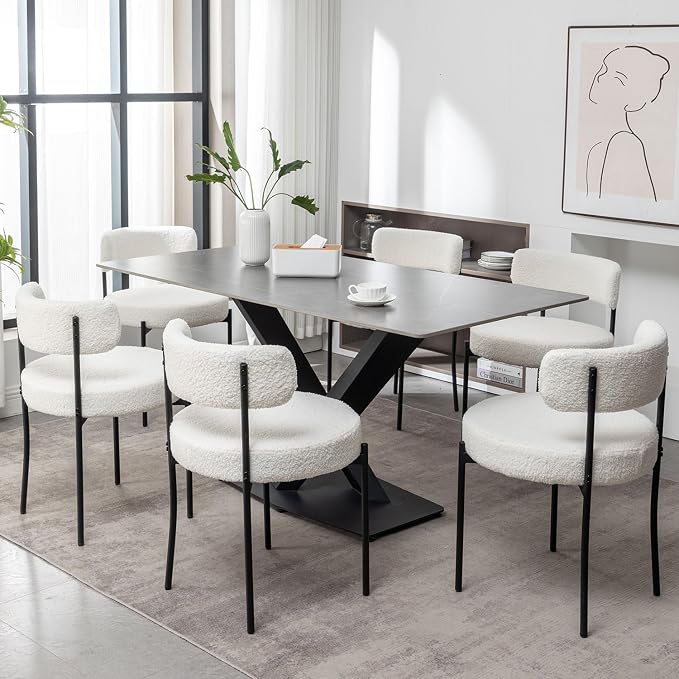 Cinxzar White Boucle Dining Chairs Set of 2, Upholstered Dining Room Chairs with Black Metal Legs, Round Modern Dining Chair for Dining Room, Kitchen