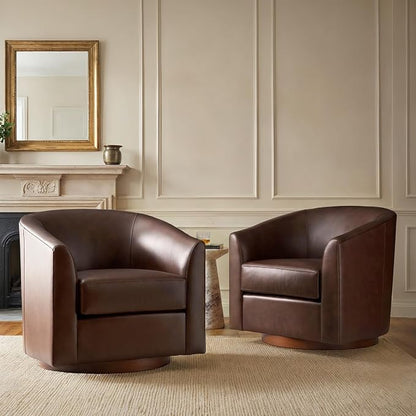 HULALA HOME Genuine Leather Swivel Barrel Chairs Set of 2, Round Swivel Accent Chairs with Solid Wood Base, Leather Barrel Accent Chair for Living Room, No Assembly Required, Brown