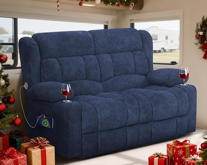 RV Loveseat Recliner Sofa, Wall Hugger Reclining Loveseat RV Couch with USB Ports, Cup Holders, Pockets, 150° Adjustable RV Furniture Velvet Fabric Recliners for Travel & Home Theater Seating
