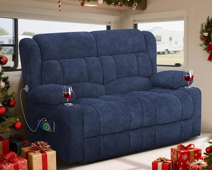 RV Loveseat Recliner Sofa, Wall Hugger Reclining Loveseat RV Couch with USB Ports, Cup Holders, Pockets, 150° Adjustable RV Furniture Velvet Fabric Recliners for Travel & Home Theater Seating