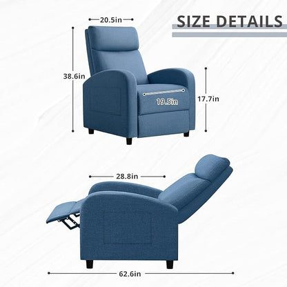 JUMMICO Recliner Chair Adjustable Home Theater Single Recliner Sofa Furniture with Thick Seat Cushion and Backrest Modern Living Room Recliners (Fabric, Light Blue)