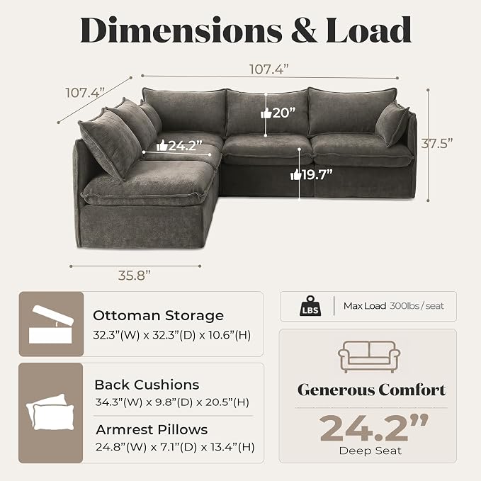 Cloud Modular Corner Sectional, Oversized Deep Seat Comfort, Luxe Chenille | Fully Removable Washable Covers, Memory Foam Seat Cushions, Premium Fabric