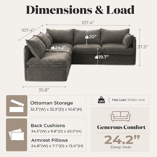 Cloud Modular Corner Sectional, Oversized Deep Seat Comfort, Luxe Chenille | Fully Removable Washable Covers, Memory Foam Seat Cushions, Premium Fabric