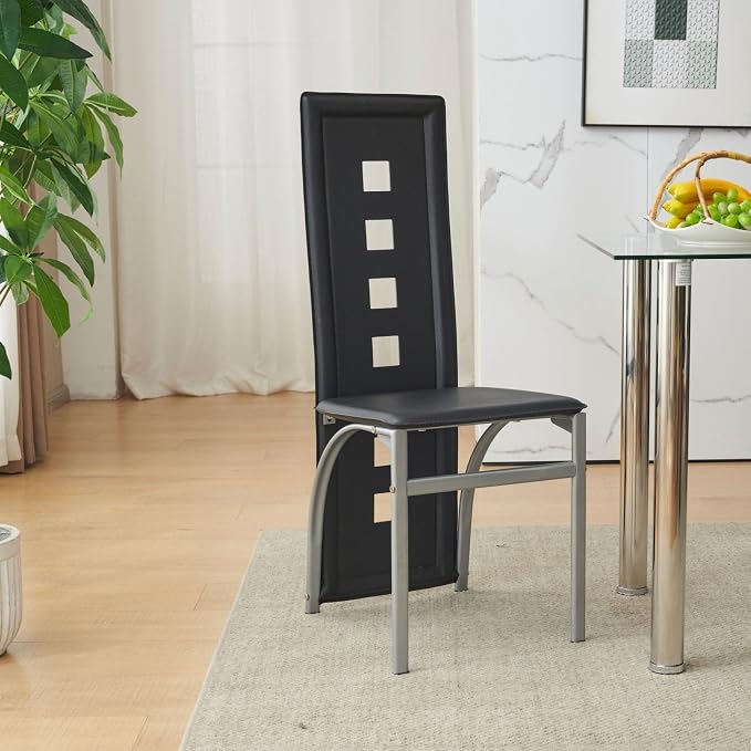 Karl home Dining Chairs Set of 4, PU Leather & Hollow High Back, Black | Black kitchen chairs with padded seats & foot cap protection for dining kitchen living room,300lbs capacity,space-saving