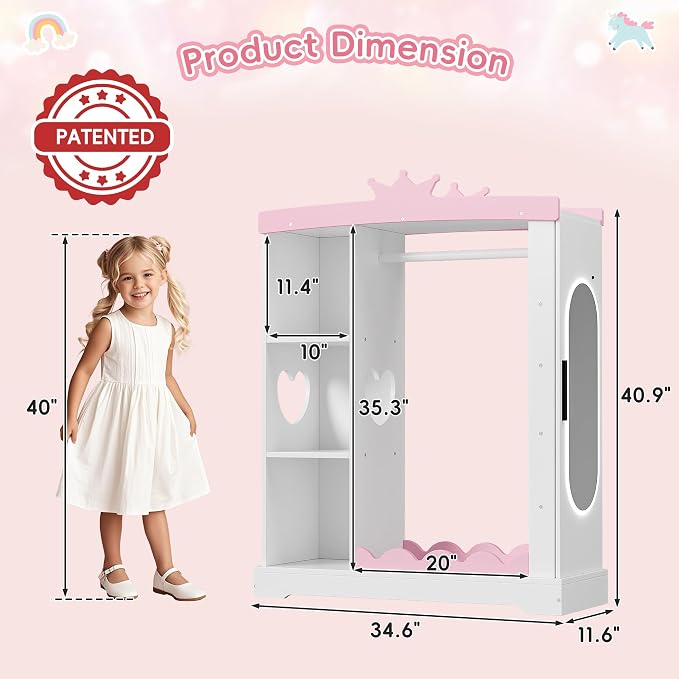 Xilingol Kids Armoire with Jewelry Cabinet, Dress up Storage with Mirror and Shelves, Princess Dress Closet and Costumes Wardrobe Closet, Costume Organizer for Bedroom, Kids Room, Girls (White)