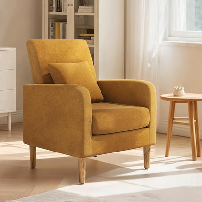 Magshion Accent Chair for Living Room, Comfy Mid-Century Reading Chair for Bedroom, Upholstered Linen Fabric Armchair Single Sofa with Back Pillow & Wood Legs, 300 lbs Capacity, Yellow
