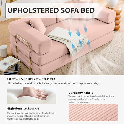 HANXIN Convertible Sleeper Sofa Bed, 78 Inch Folding Floor Mattress Couch with Fixed-Shape Frame, Futon Boneless Couch Lounge Loveseat with Pull Out Bed, No Assembly Required, Pink