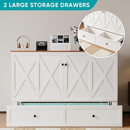 BALUS 63’' W Murphy Bed Queen with Mattress Included, Queen Size Murphy Bed with Mattress & USB Charging Station & Storage Drawer, Murphy Cabinet Beds for Living Room/Home Office/Bedroom-White