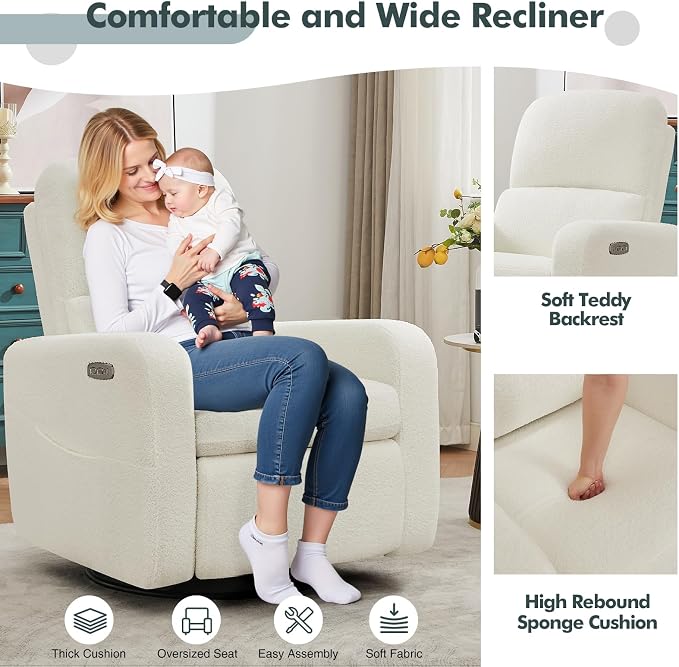 Power Swivel Rocker Recliner, Oversized Boucle Nursery Glider Recliner, Teddy Swivel Rocking Reclining Chair with Removable Cushion and Lumbar Support for Nursery Living Room Bedroom, White