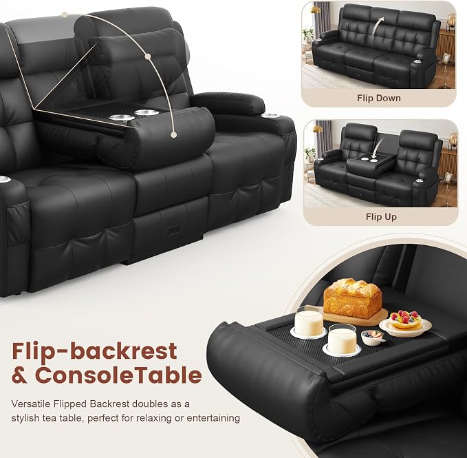 Loveseat Recliner, 3 Seater Massage Reclining Sofa Sets Heavy Weight Capacity, RV Loveseat Couch Clearance with Drop Down Table, Storage, Cup Holders, Wall Hugger Reclining Couch for Living Room
