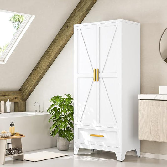 Baborokic Metal Wardrobe Cabinet,71 Armoire Wardrobe Closet with Drawers and Hanging Rod,Metal Armoire with Adjustable Shelves for Closet,Bedroom,Farmhouse Storage Cabinet with Drawer(White)