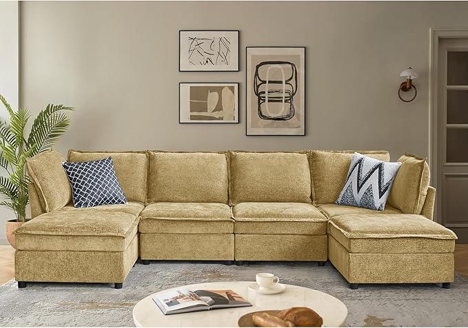 HULALA HOME 127'' Modular Sectional Sofa, Oversized U Shaped Couch with Storage Ottoman, Comfy Chenille Sofa with Deep Seat, 6 Seat Convertible Couches for Living Room, Cream