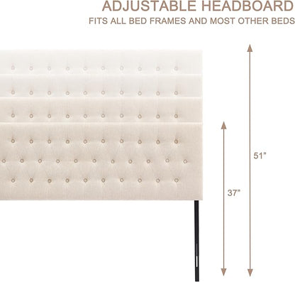 Tufted Upholstered Headboard King Size, Adjustable Height 37- 51 in, Beige | Sturdy and Durable Solid Wood Bed Headboard, Fabric King Headboard Only, Modern Button Diamond Design Head Board