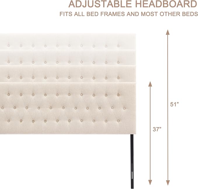Tufted Upholstered Headboard Twin Size, Adjustable Height 37- 51 in, Beige | Sturdy and Durable Solid Wood Twin XL Headboard, Fabric Twin Headboard Only, Modern Button Diamond Design Head Board
