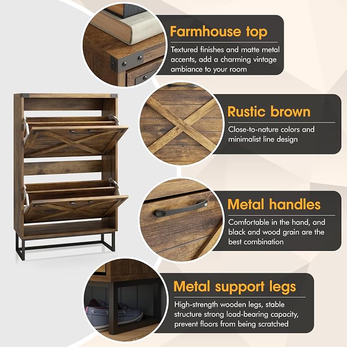 Maupvit 24" W Farmhouse Shoe Cabinet Storage for Entryway, Freestanding Organizer with 2 Flip Drawers, Narrow Shoe Rack Cabinet with Metal Corner Decoration, Rustic Brown