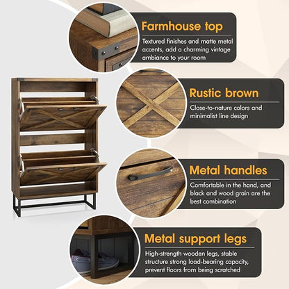 Maupvit 24" W Farmhouse Shoe Cabinet Storage for Entryway, Freestanding Organizer with 2 Flip Drawers, Narrow Shoe Rack Cabinet with Metal Corner Decoration, Rustic Brown