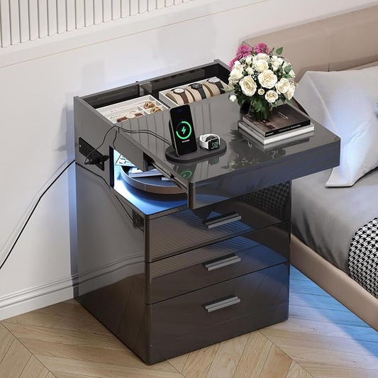 Treocho Led Nightstand with Hidden Space, Modern Night Stand with Charging Station, 3 Drawer Smart Nightstand with Glossy Finish, Tall Bedside Table with RGB Lights for Bedroom, Black