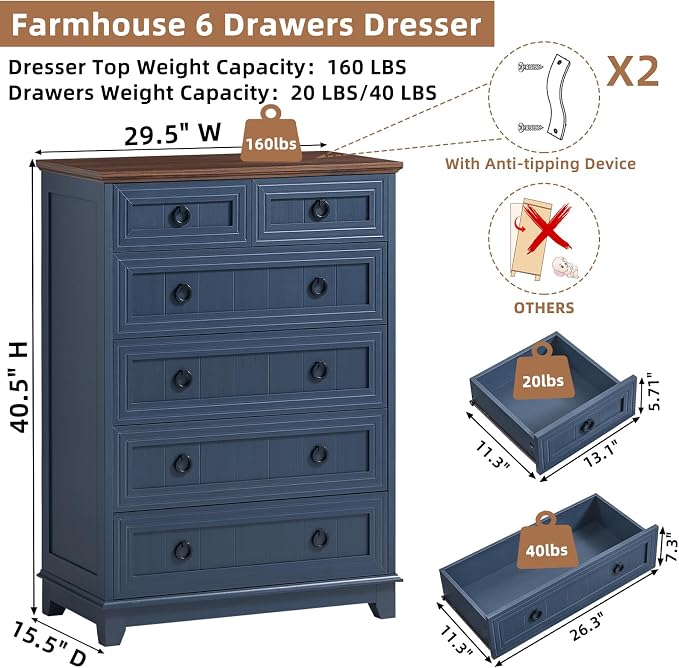 Joaxswe Farmhouse 6 Drawer Dresser for Bedroom, 41" Tall Small Dressers & Chest of Drawers, Rustic Wood Dresser with Metal Handle, Storage Organizer Closet for Living Room, Hallway, Entryway