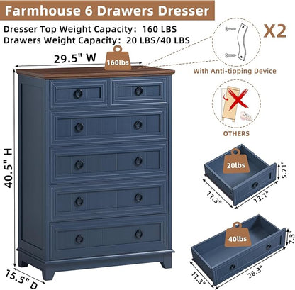 Joaxswe Farmhouse 6 Drawer Dresser for Bedroom, 41" Tall Small Dressers & Chest of Drawers, Rustic Wood Dresser with Metal Handle, Storage Organizer Closet for Living Room, Hallway, Entryway