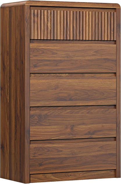 LYNSOM 5 Drawer Dresser for Bedroom, 48" Tall Fluted Dresser with Curved Corners, Wood Dressers & Chests of Drawers with Dual-Panel Design for Bedroom, Entryway, Walnut
