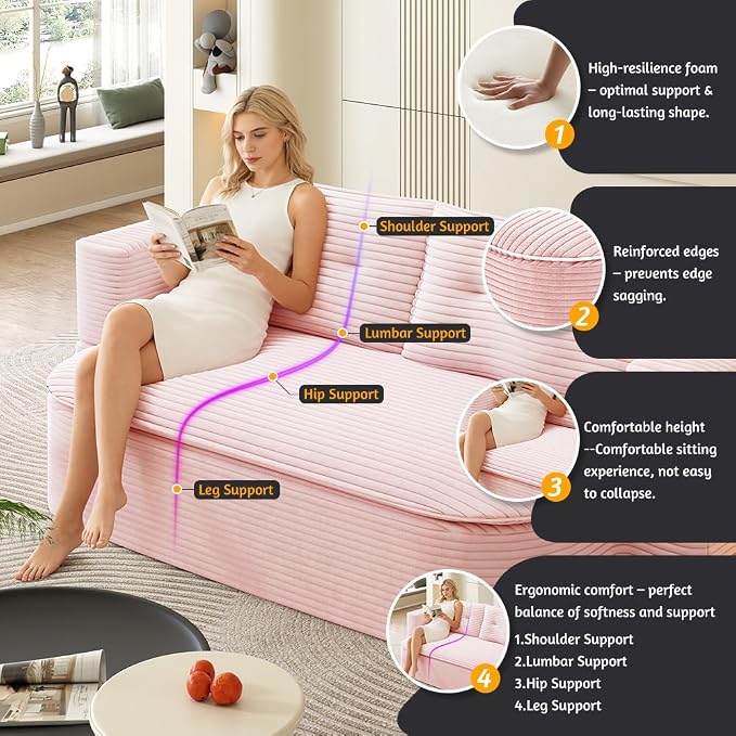 78.7" Futon Sofa Bed, 2-in-1 Foldable Sleeper Sofa, Convertible Sofa Bed with Pillows, Corduroy Couch with Multi Functional Blanket Upholstered Boneless Couches for Living Room, Creamy Pink