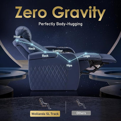 Weilianda Home Theater Seating Top Grain Leather Zero Gravity Recliner Chair Power Headrest Recline Movie Seat Gaming 7 Colors Mood Light Sofa with Tray Table USB Charge Row of 4 Loveseat Right Blue