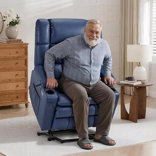 MCombo Dual Motor Power Lift Recliner Chair for Elderly, Lay Flat Lift Chair with Heat and Massage, Oversized Lift Recliner for Big and Tall, Faux Leather R7891 (Blue, Large-Wide)