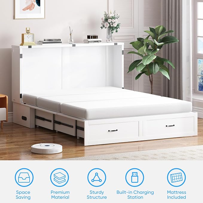 PUREMIND Murphy Bed Queen with Mattress Included, Arched Frame Cabinet Beds Chest with Charging Station & Storage Drawers, Convertible Hideaway Cabinet Bed for Guest Room, White