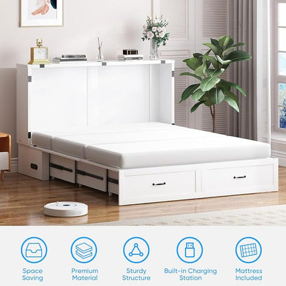 PUREMIND Murphy Bed Queen with Mattress Included, Arched Frame Cabinet Beds Chest with Charging Station & Storage Drawers, Convertible Hideaway Cabinet Bed for Guest Room, White
