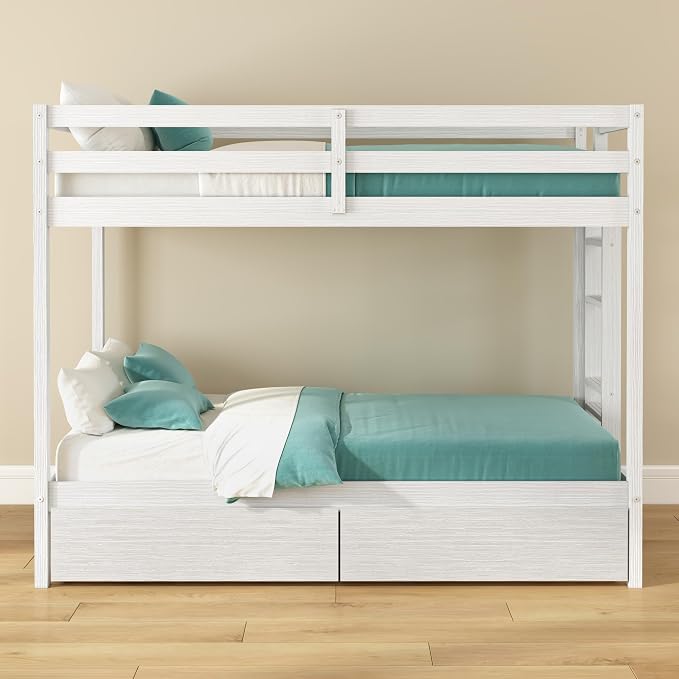 Grain & Grove Bear Twin Over Twin Bunk Bed with Storage Drawers, Sturdy Bunk Bed Frame for Kids, Plywood Bunk with Ladder, Guardrail, and Slats, No Box Spring Required, Brush White