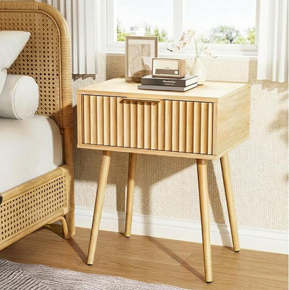 VINGLI Nightstands Set of 2, Fluted Night Stand with Drawer, Bedside Table, Wood Nightstand for Bedroom, Mid Century Modern End Tables, Natural Oak, 18.9" W*14.96" D*24" H