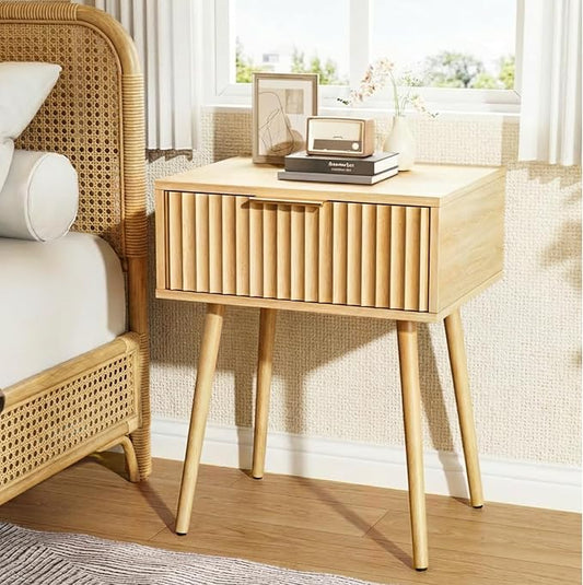VINGLI Fluted Nightstand with Drawer, 19" W Mid Century Modern Nightstand for Bedroom, Bedside Table, End Tables Bedroom, Wood Night Stand, Oak, 18.9" W*14.96" D*24" H